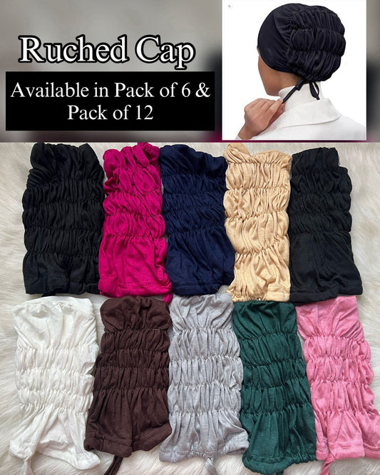 (Pack Of 6 & 12 Caps) Plain Ruched Elastic Design Hijab Cap For Girls/Women | Ruched Elastic Hijab Cap | Underscarves